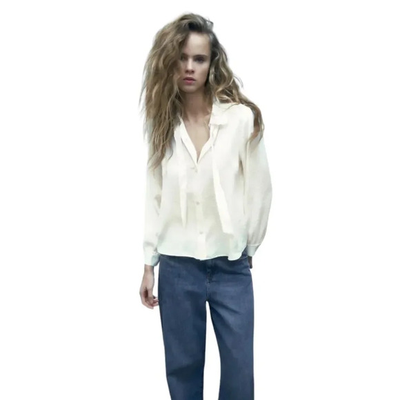 ZARA | Ecru | BUTTONED TIED BLOUSE - Picture 6 of 11